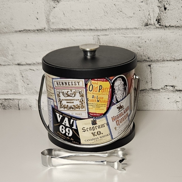 Vintage Whisky Label Ice Bucket w/ Tongs | Retro Barware Bar Cart Decor - Picture 5 of 12